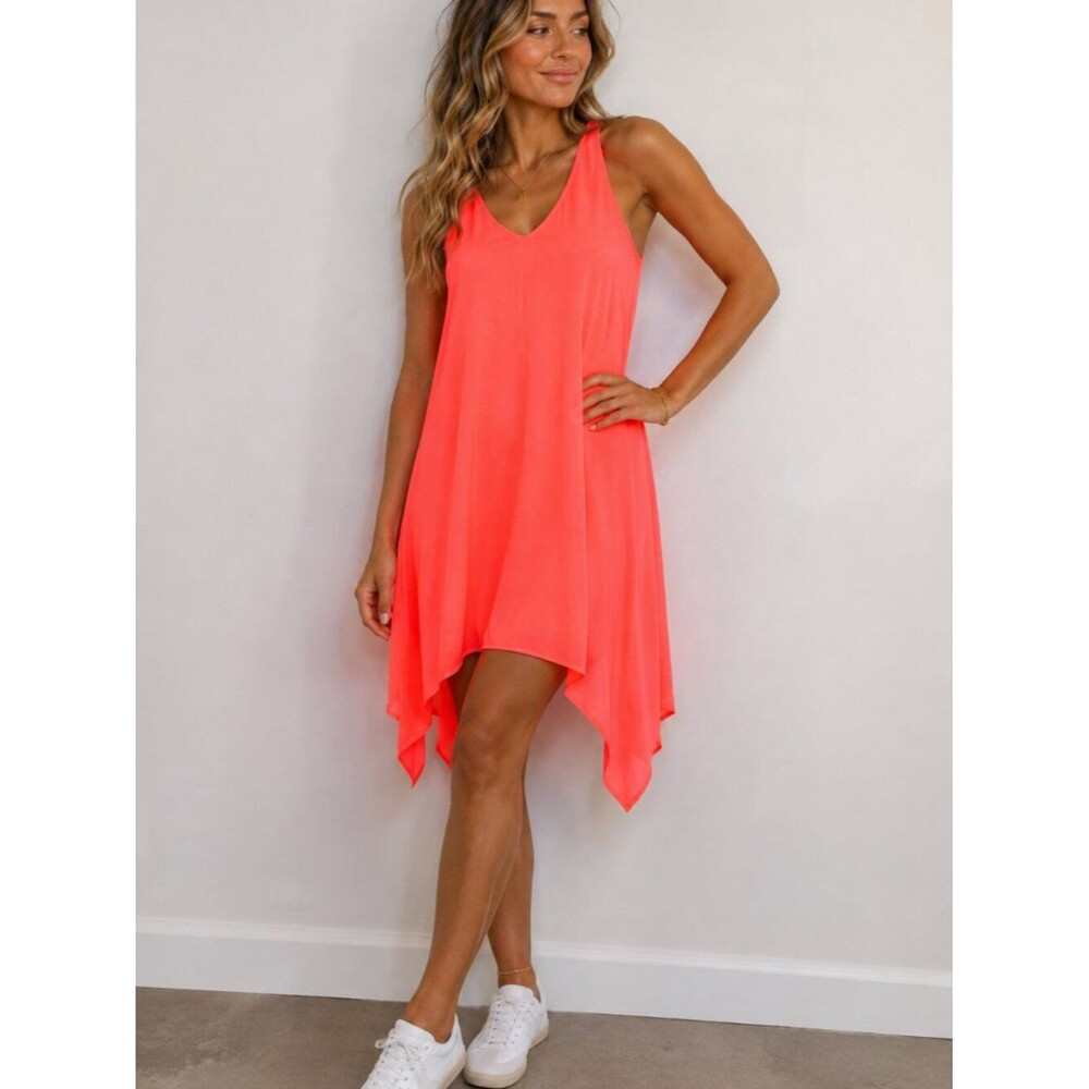 My Michelle Women's Small Neon Coral Handkerchief Hem Sleeveless Shift Dress